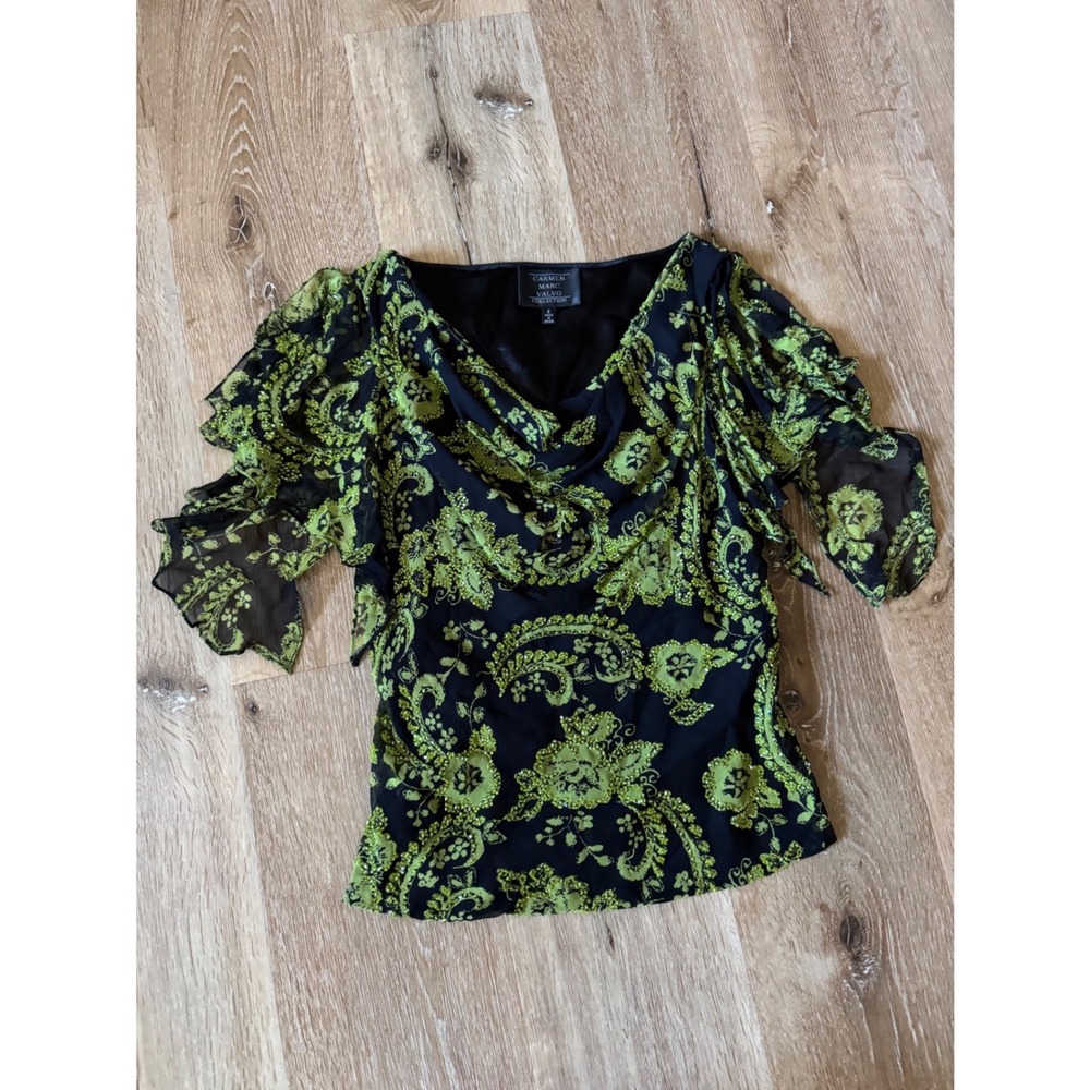 Carmen Marc Valvo Green Black Silk Beaded Paisley Cowl Neck Sleeve Blouse Size 2